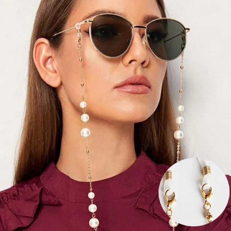 Eyeglasses chain plastic Pearl Charm Mask Hanging Rope metal Bead chain  plated silicone loops sunglasses accessory